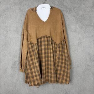 J. HER Mineral Wash Plaid and Raw Hoodie Top sz Medium Raw Out seam Lagenglook